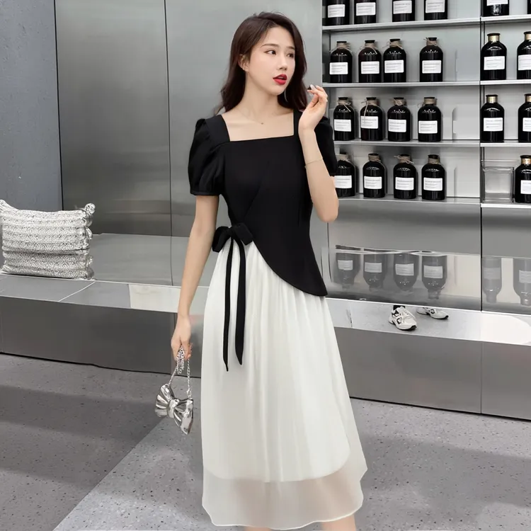 A2025夏季撞色褶皱收腰设计感裙子女气质轻奢时尚连衣裙D1662