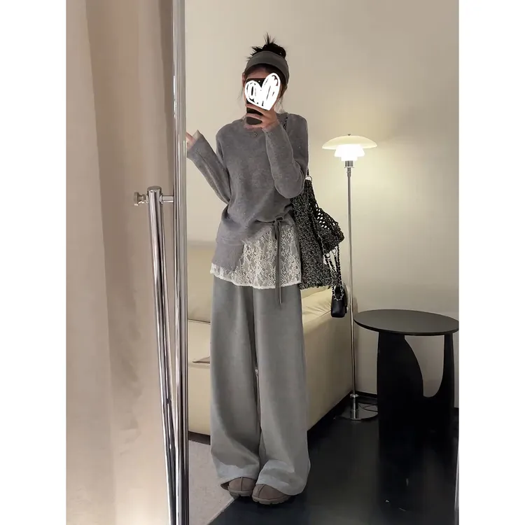 设计感休闲灰色套装女秋冬季假两件圆领上衣蕾丝拼接阔腿裤两件套