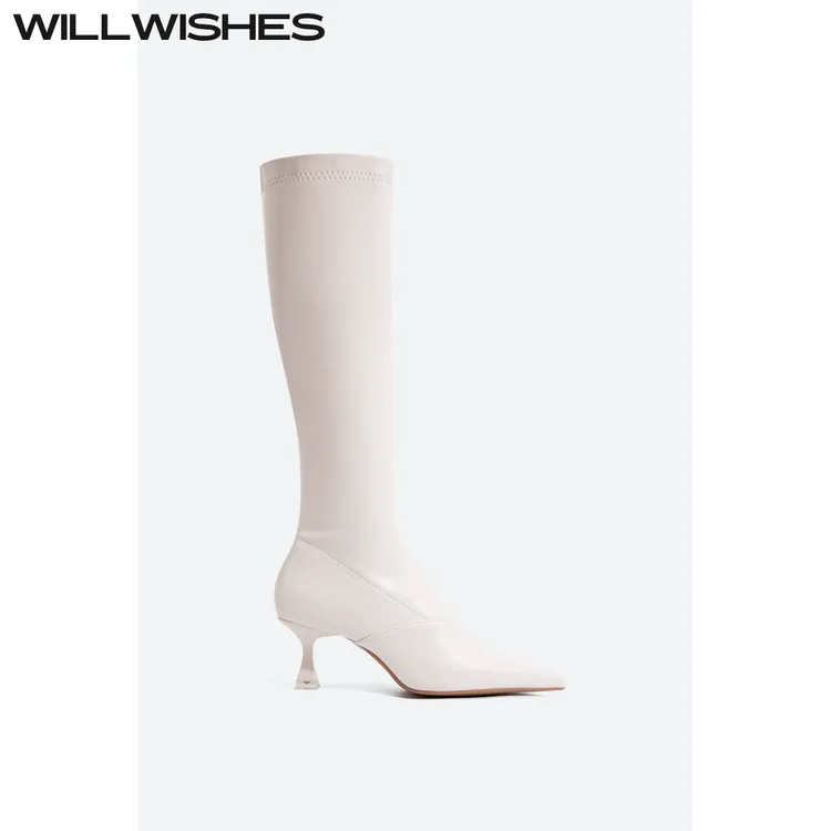 WILLWISHES/王玎设计女鞋秋季不过膝尖头高跟长筒靴女显瘦骑士靴