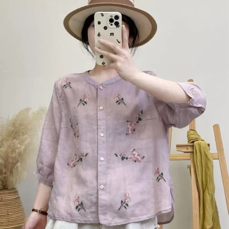 【100苎麻】夏季显瘦女士刺绣衬衫休闲衬衣气质休闲百搭-25265