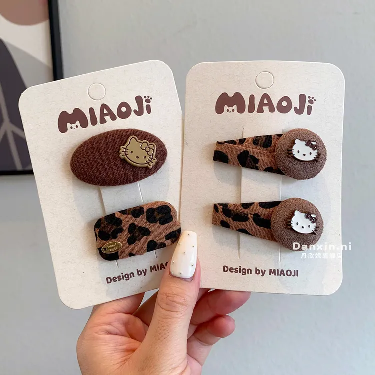 儿童早秋豹纹KT猫发夹女童侧边刘海掰掰夹碎发卡不伤发宝宝夹头饰