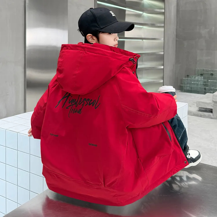 男童秋冬款外套加绒加厚2025新款大童冬装儿童红色男孩冬季派克服