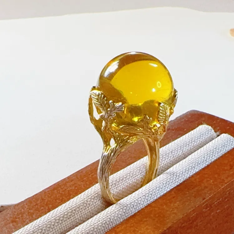 蓝珀20MM气质时尚复古可调节开口镶嵌设计戒指