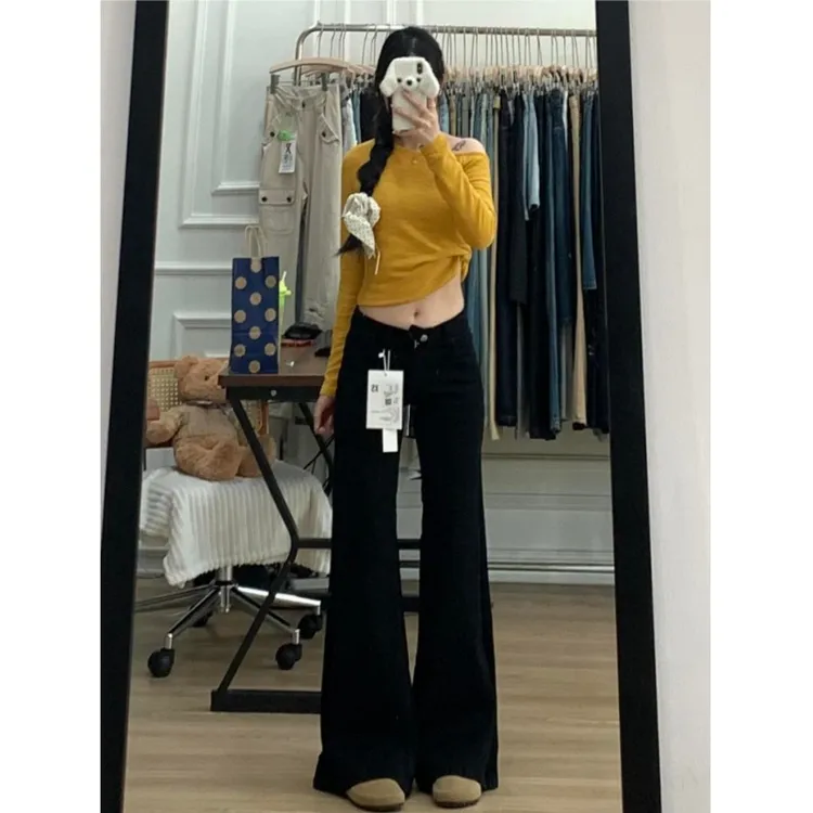 雪千羽美式黑色低腰微喇叭牛仔裤女春秋冬新款辣妹弹力显瘦马蹄裤