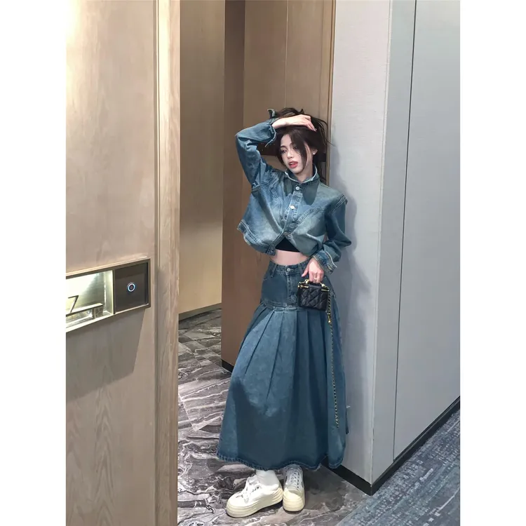 港味复古牛仔套装女网红炸街短款夹克牛仔外套百褶半身裙两件套潮