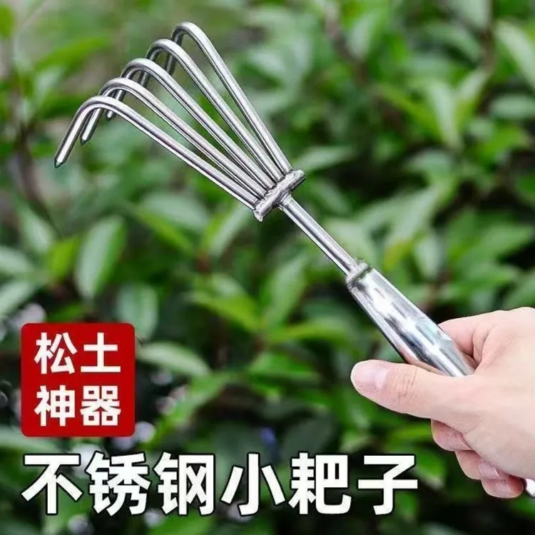 镜面不锈钢一体焊接柄小耙子园艺多爪耙松土耙子赶海鲜耙园林工具