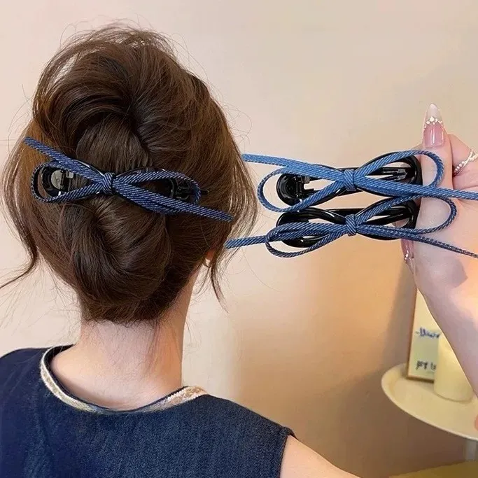 复古牛仔布艺蝴蝶结2025新款一字扭扭夹发夹女后脑勺盘发气质发卡