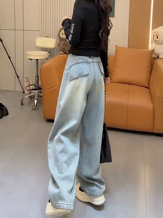 大码加绒弯刀牛仔裤女秋冬季2025新款美式阔腿裤胖mm显瘦直筒裤子