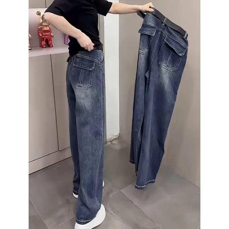 高腰窄版直筒牛仔裤2025早秋新爆款美式时尚潮流显瘦直筒阔腿长裤