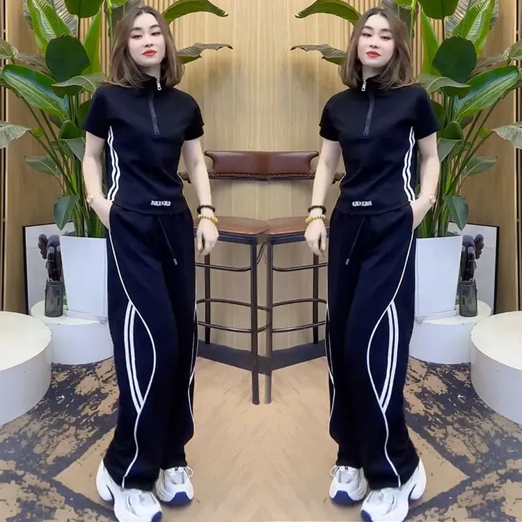 欧货休闲运动套装女2025夏季新款宽松显瘦短袖上衣阔腿裤两件套潮