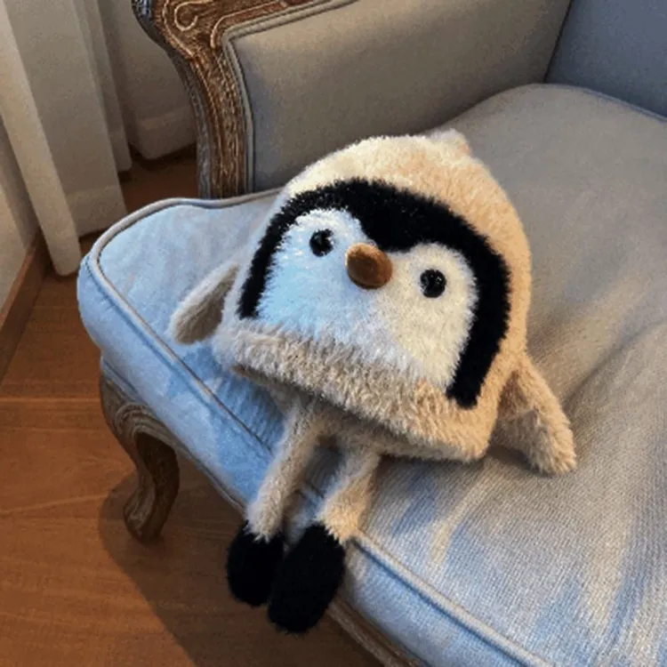 儿童帽子卡通可爱毛绒企鹅套头帽冬季宝宝保暖护耳针织毛线帽