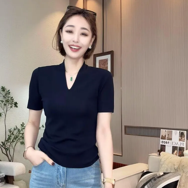 气质修身显瘦纯色短袖毛针织衫女2025夏季小众设计感百搭独特上衣