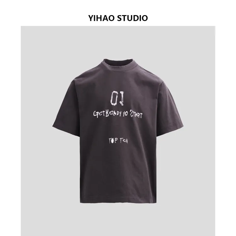 YIHAO STUDIO夏季新款男士时尚英文百搭T恤纯棉水洗宽松潮流短袖