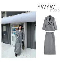 【YWYW25F/W】羊毛毛呢合金配饰扣翻领外套/修身长裙套装3615/3616