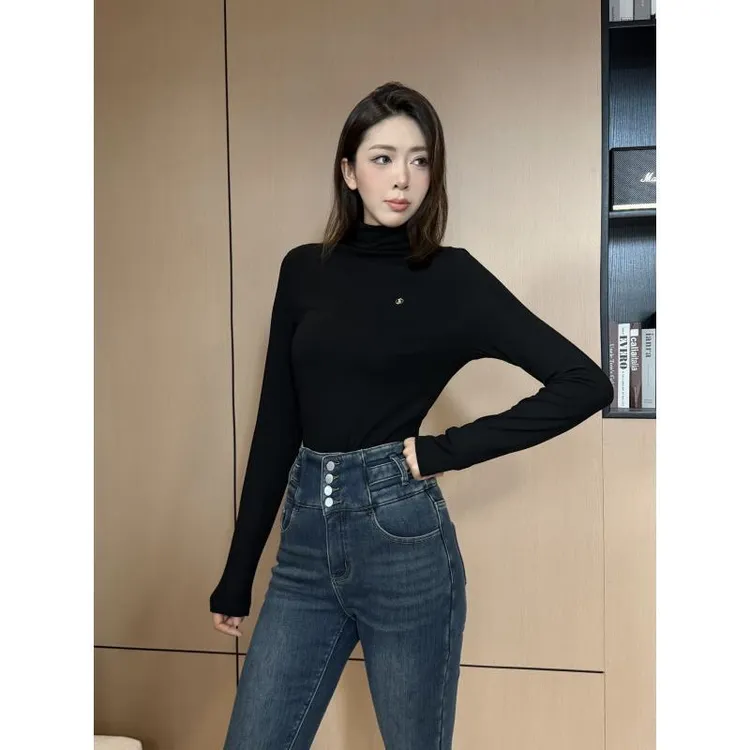 美式正肩磨毛半高领打底上衣舒适毛绒收腰设计感简约长袖L1067