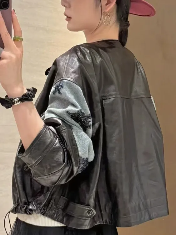 拼接牛仔皮衣女2025秋季新款欧洲站设计感蛋白皮外套拉链长袖上衣