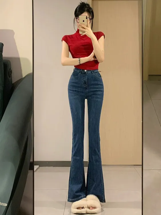 复古修身长腿微喇牛仔裤女2025秋季高腰显瘦时尚气质鱼尾喇叭长裤