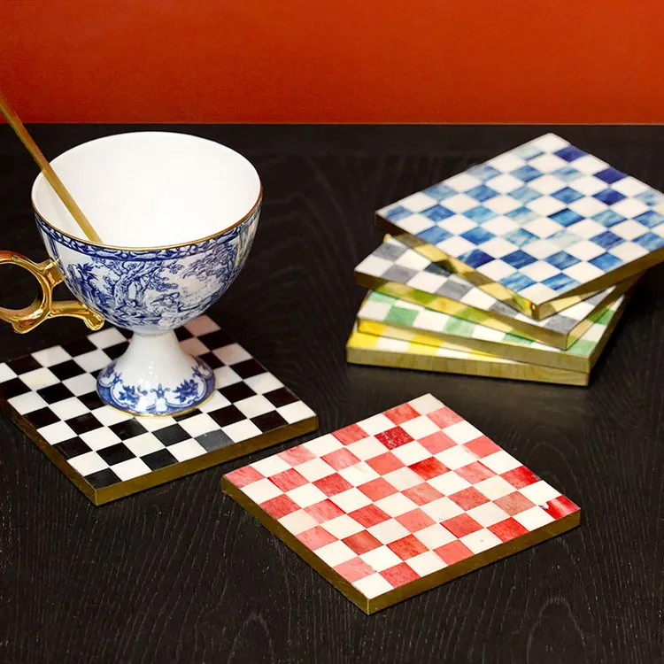 印度进口手工铜边彩色格子牛骨拼接创意杯垫防烫隔热垫奢华家居