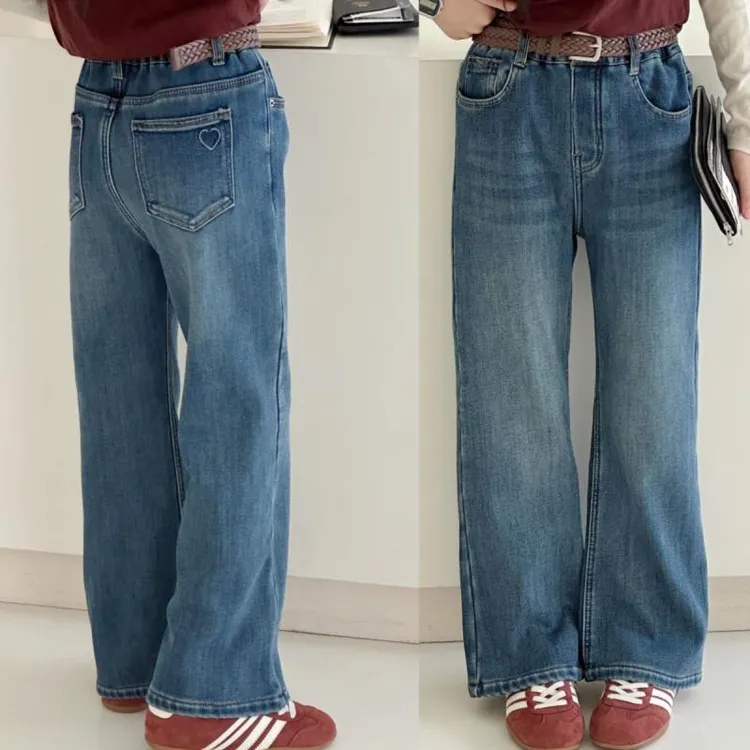 女童加绒牛仔裤一体绒哈比诺中大童秋冬款窄版小直筒裤儿童微喇裤