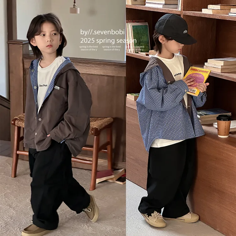 男童两面穿外套2025春秋季新款儿童韩版宽松百搭连帽男童长袖t恤