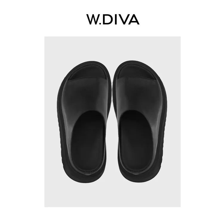 W.Diva【黑云朵】一字平底羊皮真皮凉拖夏季休闲舒适拖鞋50X232167