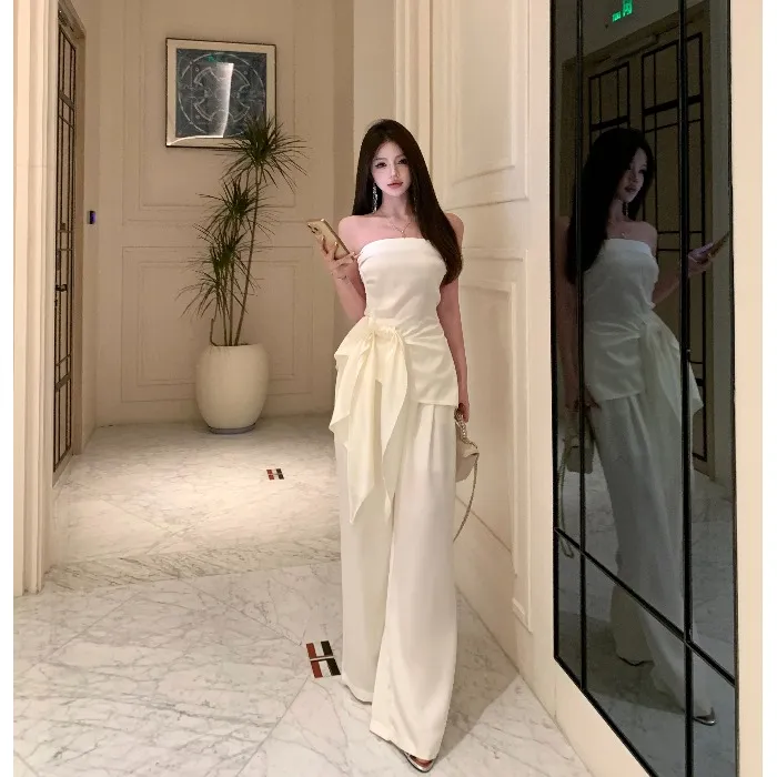 御姐高级感套装气质美背抹胸背心缎面丝巾女夏季休闲阔腿裤三件套