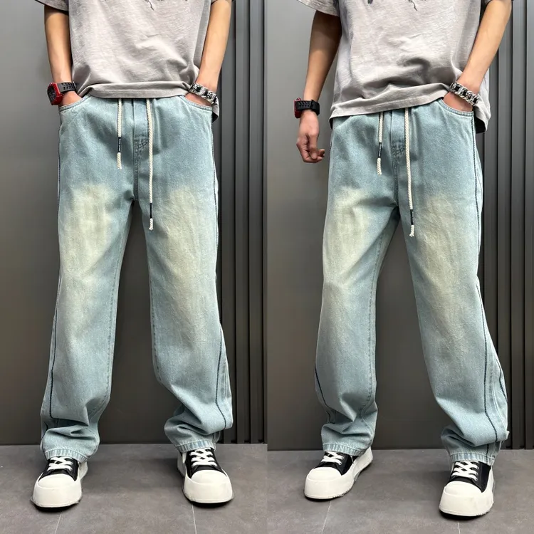 2025春夏新品美式弯刀裤水洗渐变直筒牛仔裤男士宽松时尚阔腿裤子