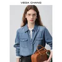 VEGA CHANG牛仔衬衫女2025秋季新款复古双贴袋宽松百搭叠穿上衣