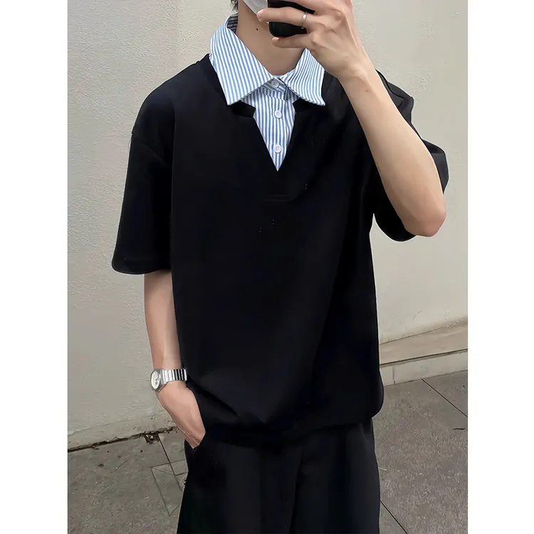 假两件衬衫领短袖t恤男生夏季韩系穿搭翻领上衣cleanfit重磅半袖