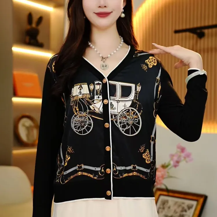 2025早秋款印花长袖开衫气质V领休闲通勤女上衣-276