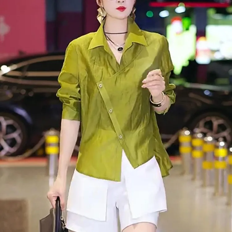 法式复古气质不规则半袖衬衫2025春季新款时尚百搭显瘦洋气上衣