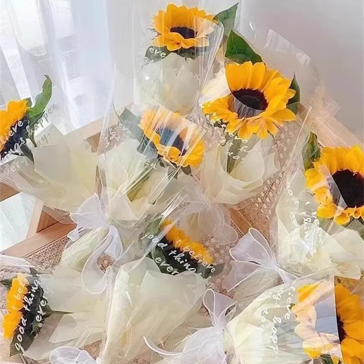中高考向日葵花束袋玫瑰花包装袋透明英文多支袋摆摊花束包装袋
