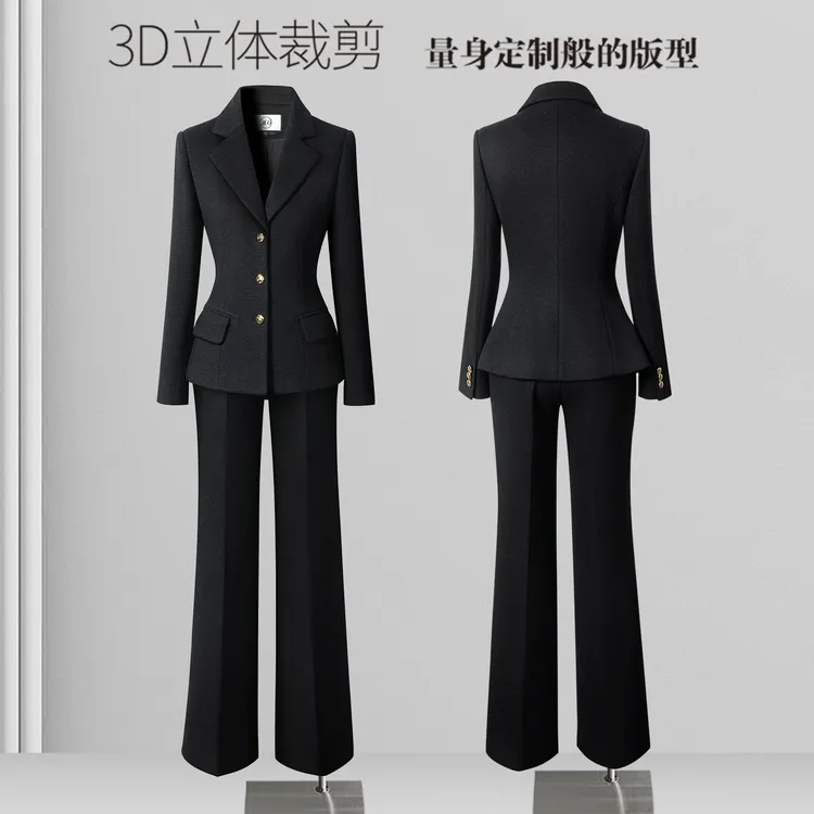 黑色西装套装女冬季厚款西服毛呢外套职业面试商务酒店接待工作服