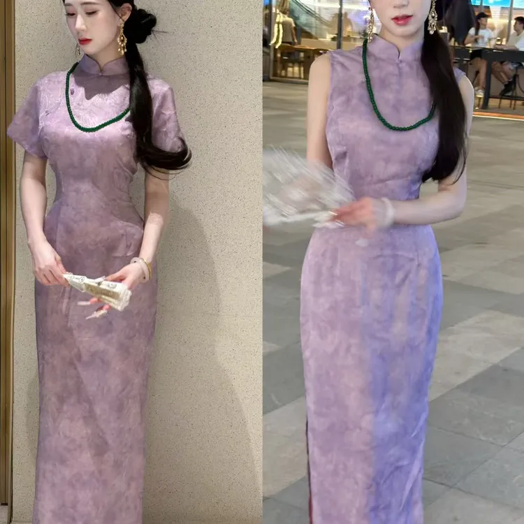 LHMknk1画报夫人原创自制国风双面色萝孔紫色中国风旗袍 繁紫升花