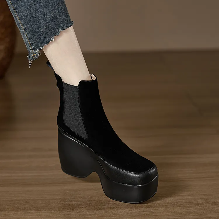 小个子手工女鞋10cm~不累脚高跟坡跟短靴秋冬厚底舒适百搭瘦瘦靴