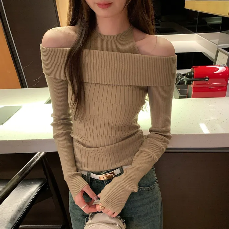 秋冬露肩百搭毛针织衫长袖显瘦女洋气性感打底衫针织气质设计感