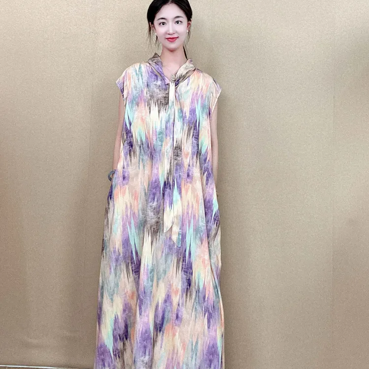 【衣羊羊】夏棉绸枯叶蝶气质显瘦小众复古无袖吊带连衣裙飞袖长裙