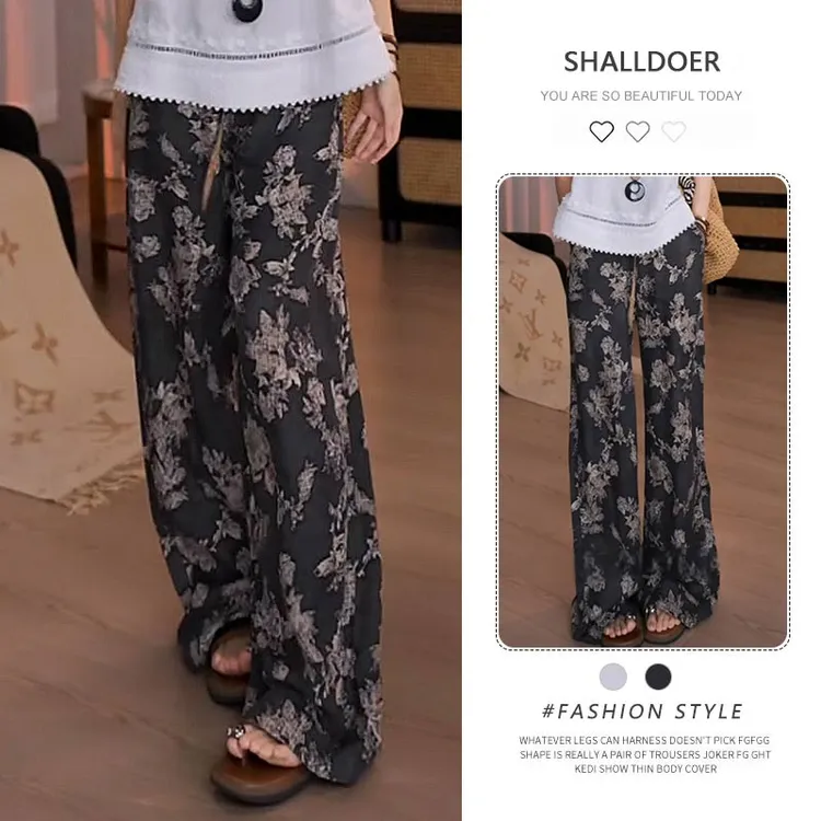 新中式国风水墨印花冰丝阔腿裤女2025夏大码宽松显瘦直筒休闲裤潮