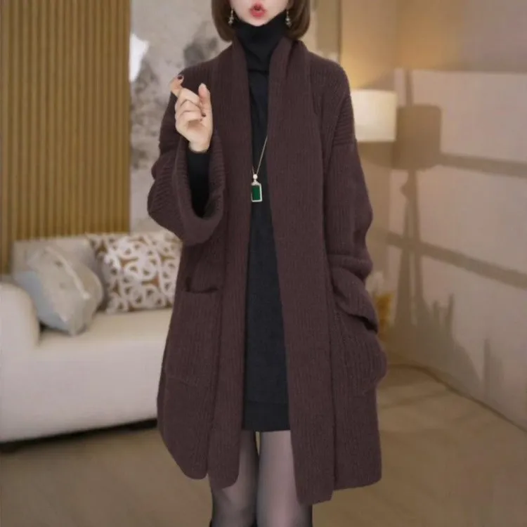 时尚休闲百搭加厚中长款针织开衫外套女2025冬季新款宽松毛织大衣