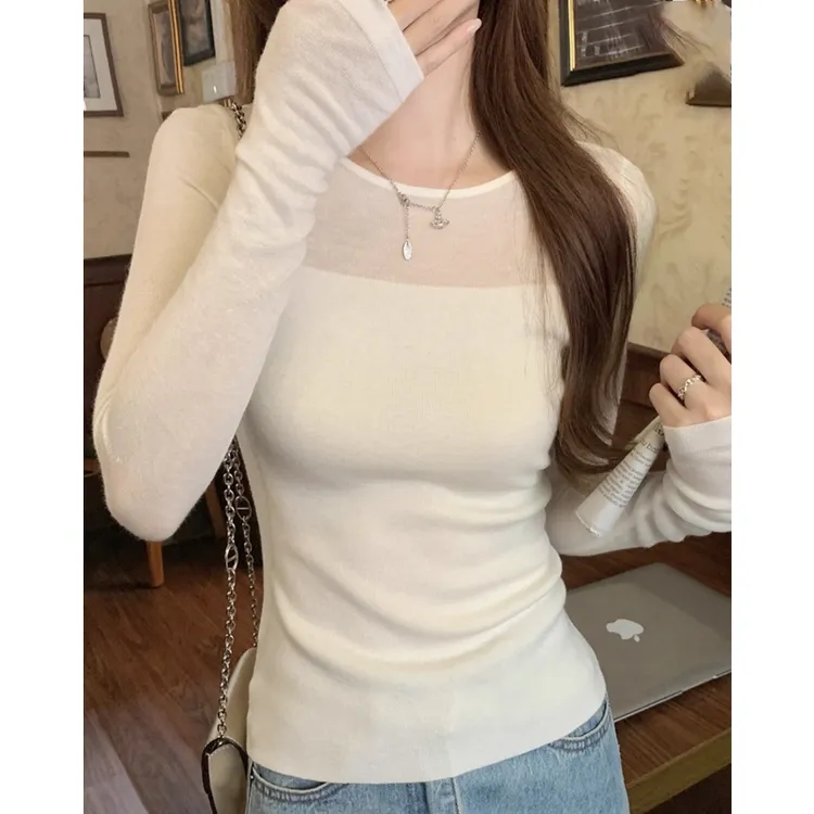 韩系针织打底衫女秋冬2025新款chic毛衣修身微透内搭套头长袖上衣