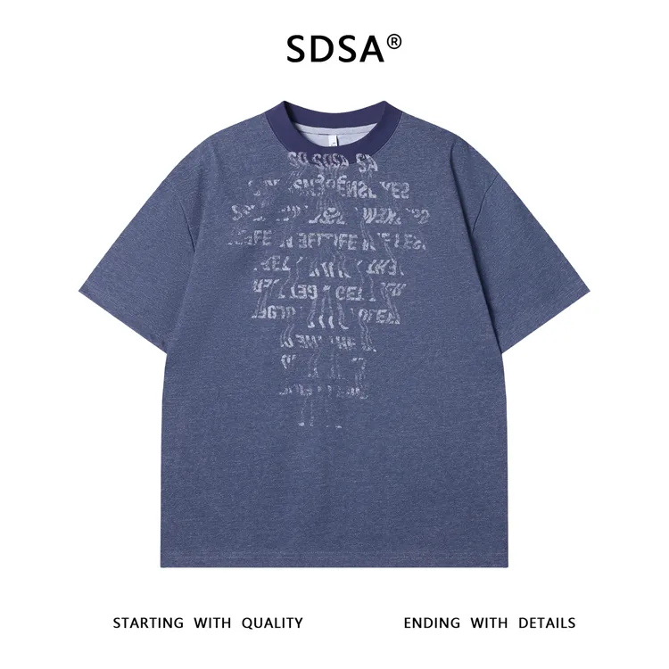 夏季高级感新款男士简约抽象字母圆领短袖T恤宽松复古街头上衣