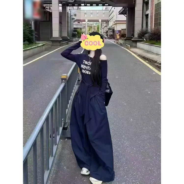 大码韩版露肩斜领字母T恤宽松阔腿裤两件套25282#