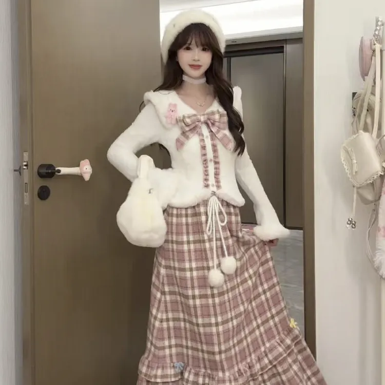 心动桃桃 温柔风气质约会穿搭蝴蝶结木耳上衣+格纹半身裙套装女