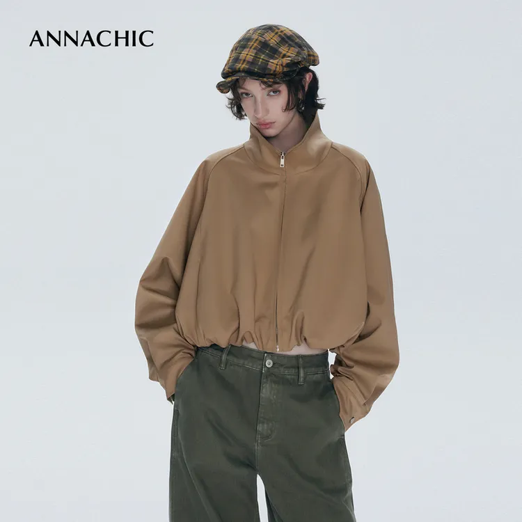 ANNACHIC复古回潮_美式短款立领收褶外套/蝙蝠袖宽松休闲工装夹克