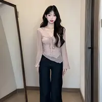 大码气质女人味绑带褶皱上衣2025秋季新款修身显瘦长袖t恤D70217