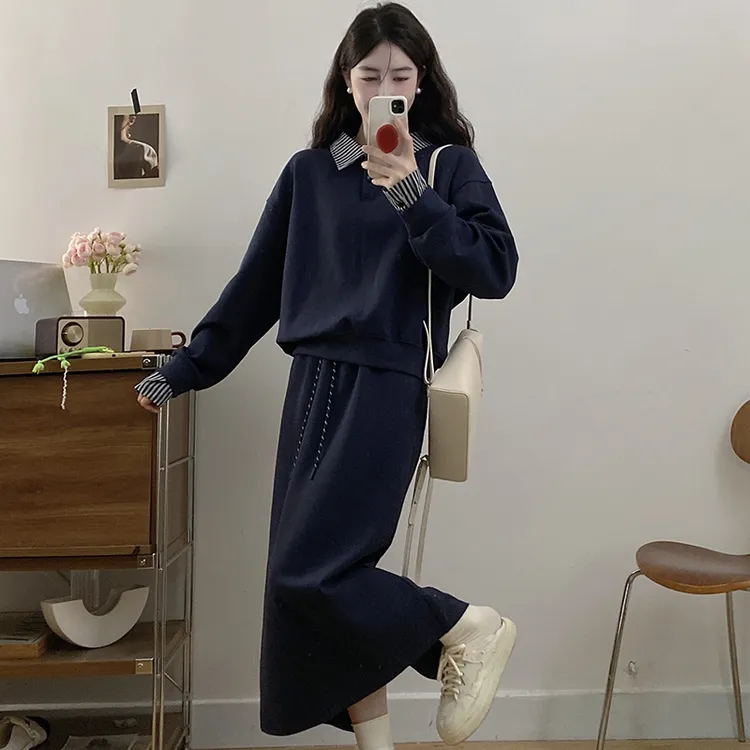 2025秋装新款胖mm大码女时尚拼接翻领卫衣高腰显瘦半身裙套装春秋
