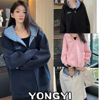 YONGYI美式格纹刺绣重磅空气层宽松百搭休闲开衫情侣连帽卫衣秋冬
