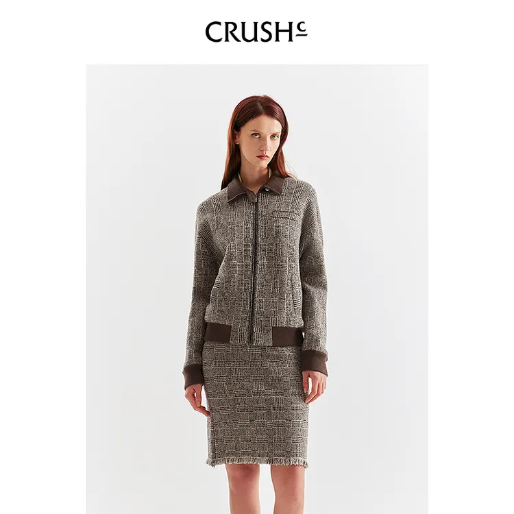 CRUSH Collection2025年冬季新款复古格纹翻领夹克巴恩风短外套