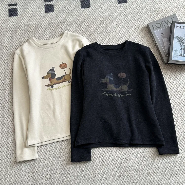 【米可家】滑板小狗350g加厚双面绒圆领长袖T恤25270-1