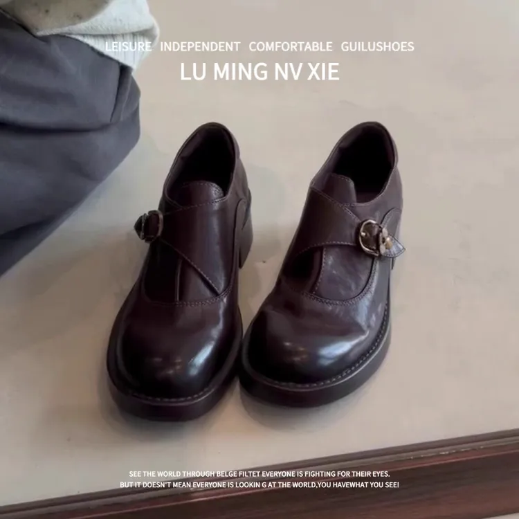 羊皮版~2025年新款复古风圆头粗跟乐福鞋女款百搭显瘦一脚蹬单鞋